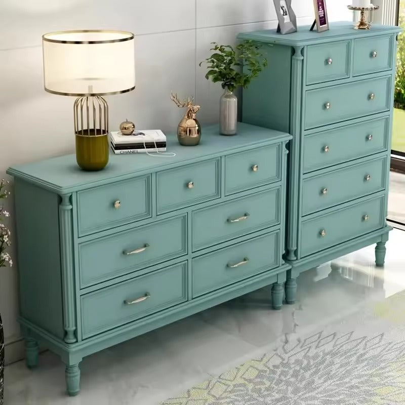 Vintage Blue 7-Drawer Dresser - Elegant Wooden Storage Cabinet with Gold Handles