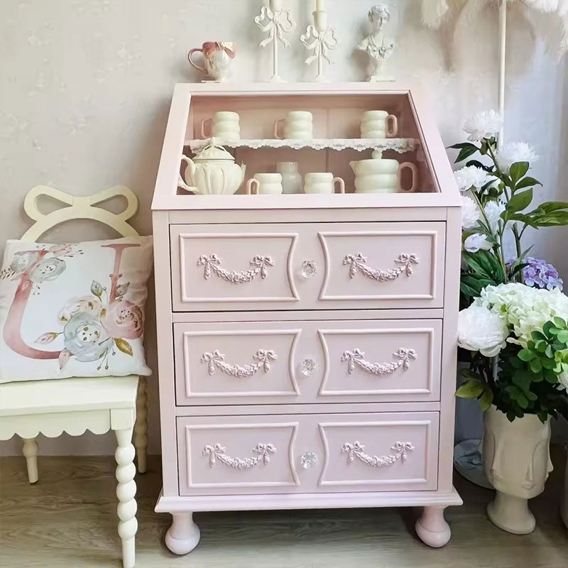 Vintage Pink French-Style Cabinet - 3-Drawer Dresser with Glass Display