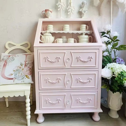 Vintage Pink French-Style Cabinet - 3-Drawer Dresser with Glass Display