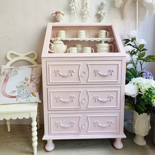 Vintage Pink French-Style Cabinet - 3-Drawer Dresser with Glass Display