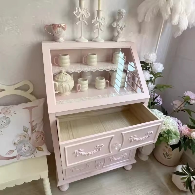 Vintage Pink French-Style Cabinet - 3-Drawer Dresser with Glass Display